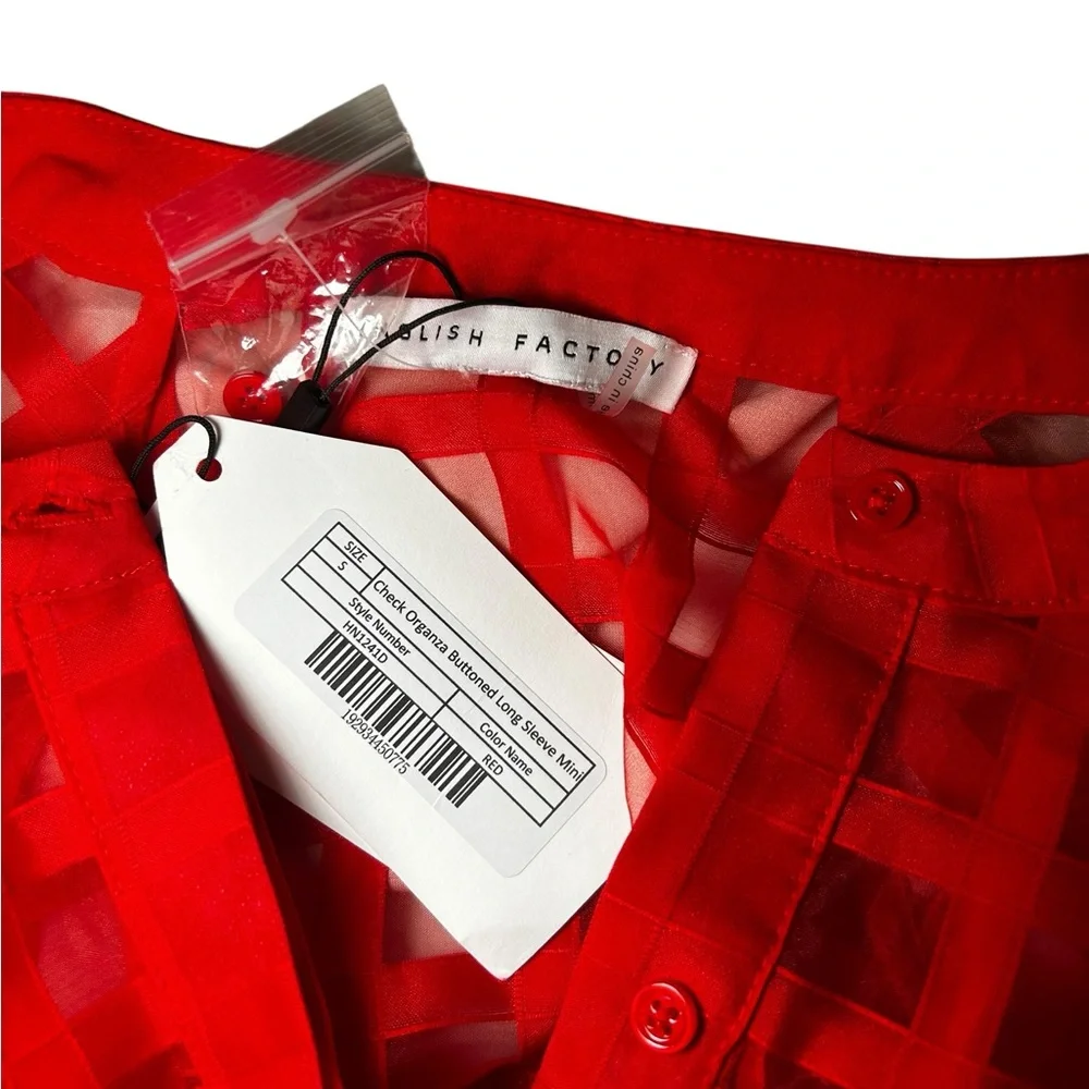 English Factory Sheer Red Organza Long Sleeve Checkered Dress - Size S - Picture 7 of 7